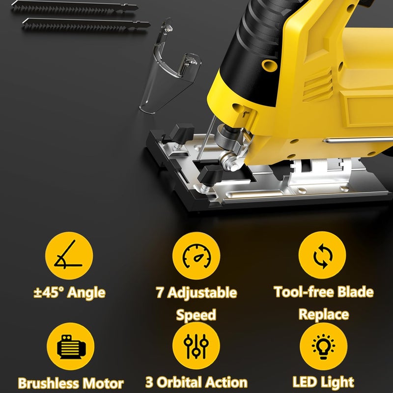 Tsukairo Cordless Brushless Jig Saw Compatible with Dewalt 20V MAX Battery(No Battery), 7 Speeds, 2900RPM, LED, 45° Bevel Cuts, 3 Orbital Action, with Jigsaw Blades for Straight, Curve, Circle Cutting - Image 5